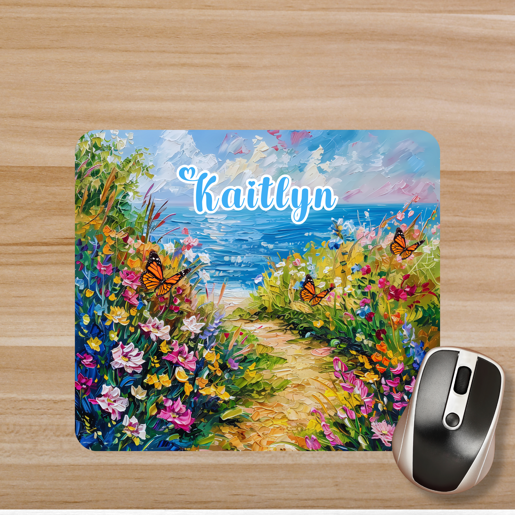 Personalized beach path mouse pad. Custom neoprene mouse pad with floral beach design. Sublimated coastal path mouse pad with name.
