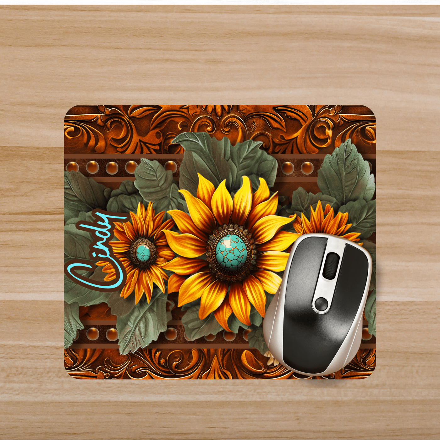 Personalized sunflower faux leather mouse pad close-up